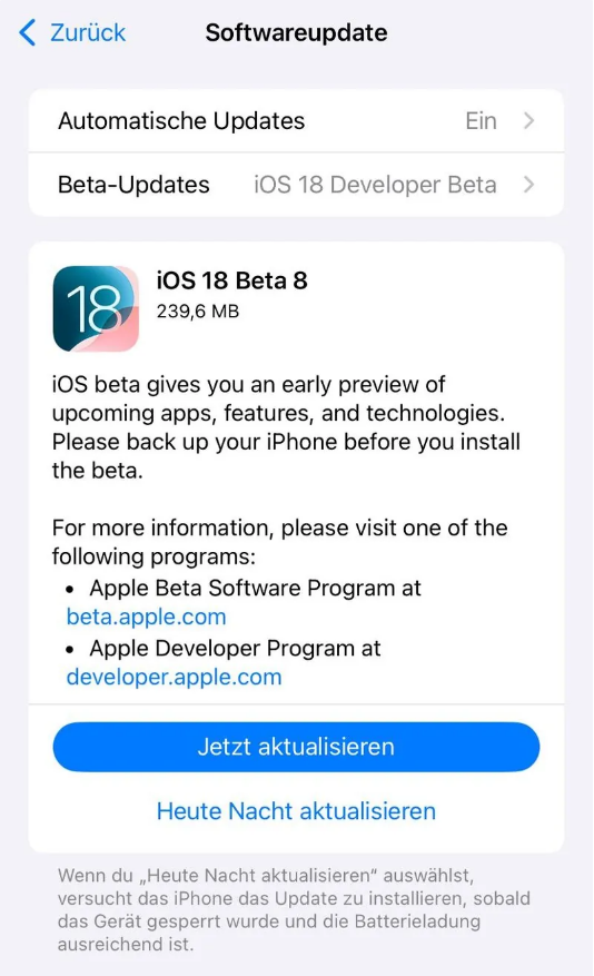 张沟镇苹果手机维修分享苹果 iOS / iPadOS 18 开发者预览版 Beta 8 发布 